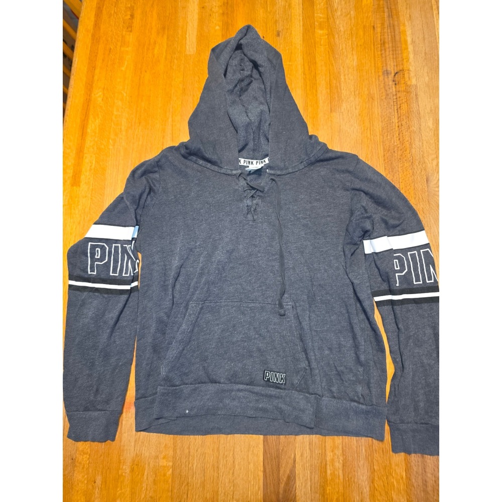 Victoria's Secret PINK Women Small Charcoal Grey Lace Up Sporty Pullover Hoodie